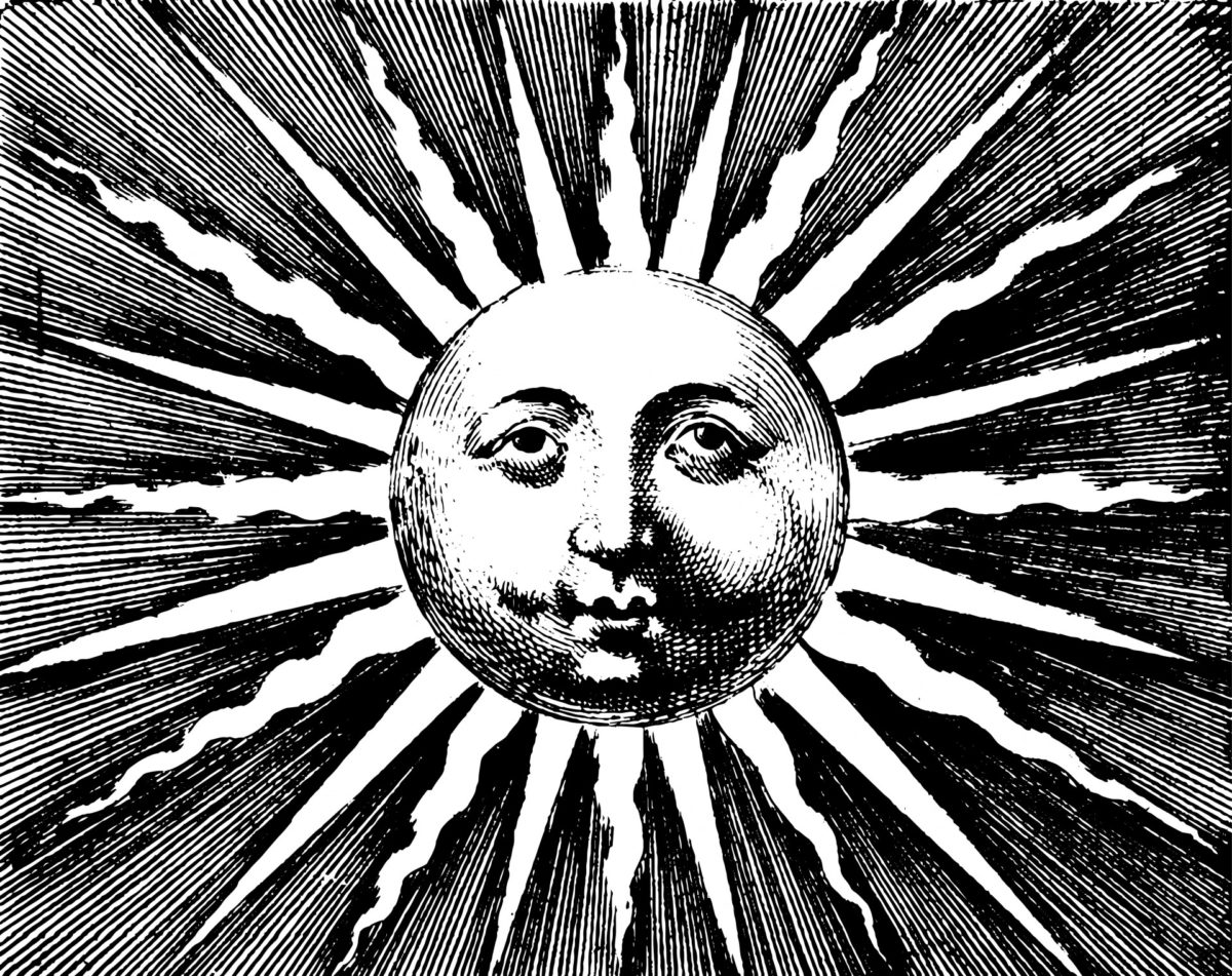 A vintage black and white engraving of the sun. It has a man's face on the disc, and is surrounded by alternating straight and wavy rays, giving the impression of shimmering.